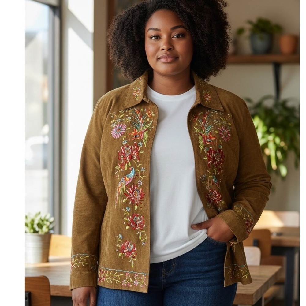 Avanti New York Embroidered Suede Leather Jacket Birds‎ Floral 1X Boho Artwear
